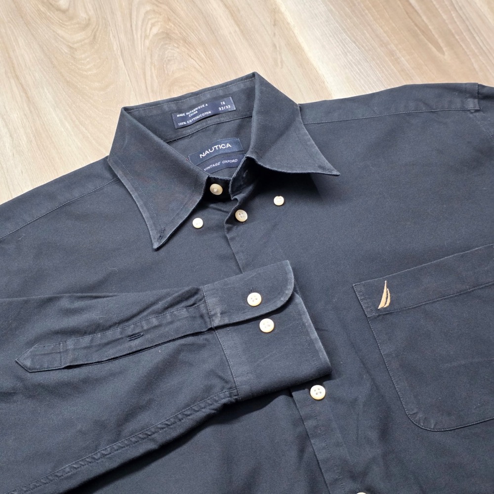 Nautica Vintage Oxford Shirt Mens 16 32/33 Black Cotton Button Down Long Sleeve